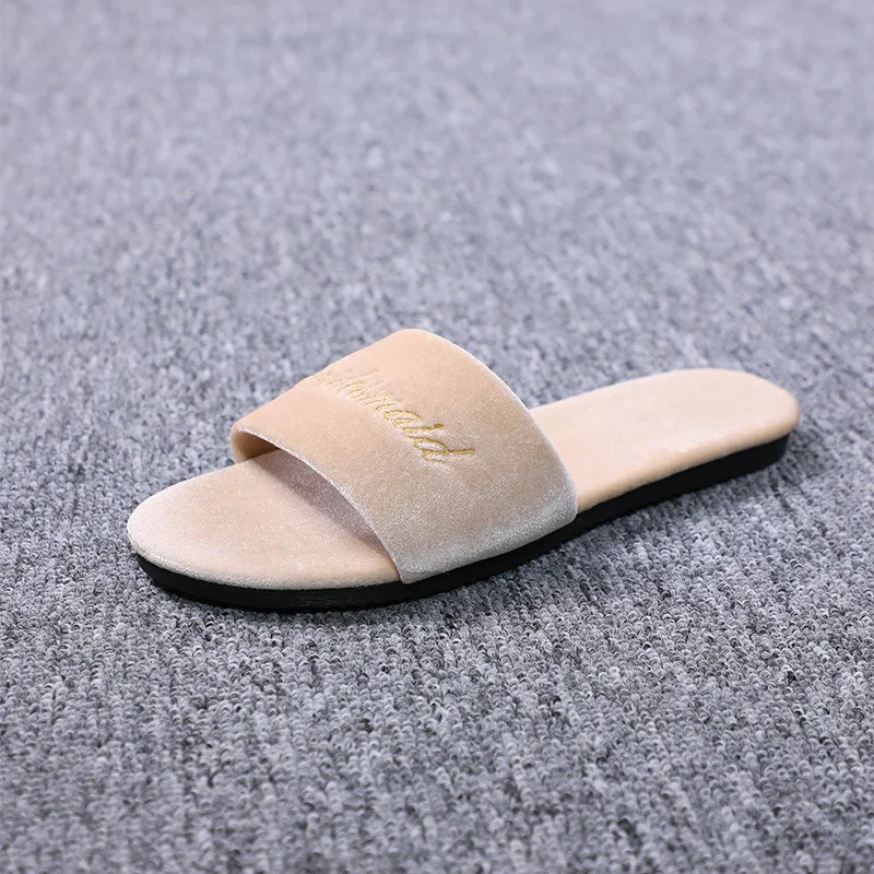 Autumn Winter Velvet Women Slippers Embroidery Bride Bridesmaid Wedding Flat Slippers Summer Shoes Sandal Zapatos De Mujer