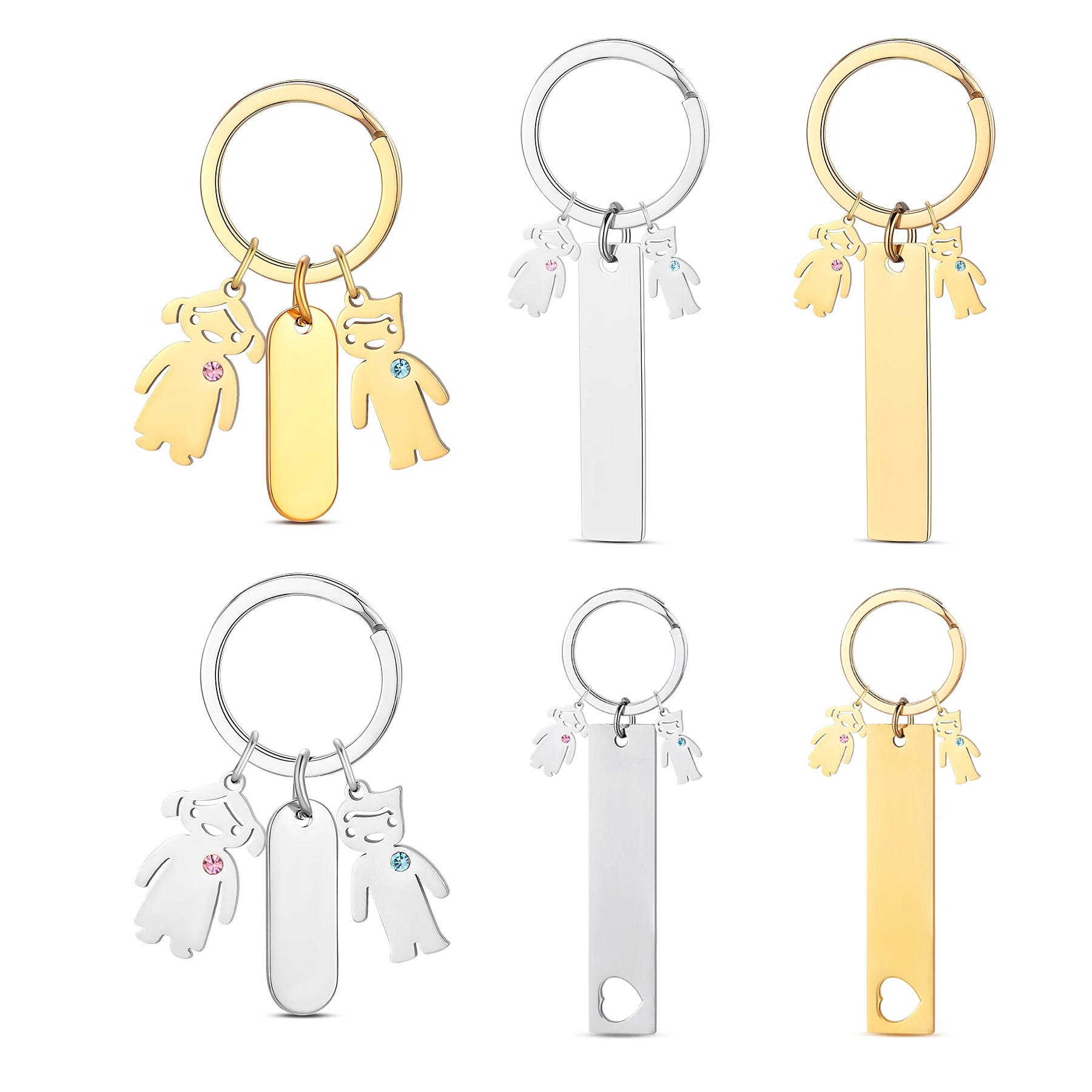 10pcs/lot Wholesale Stainless Steel Girl Boy Charm Keychain Mirror Polishing Heart Rectangle Keyring Jewelry Gift Waterproof