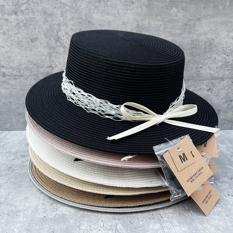 Women veil Bow Fascinator Hat Wide Brim Straw Hats Flat Top Boater Hat Ladies Church Wedding Party Hat Derby Vocation Beach Hat