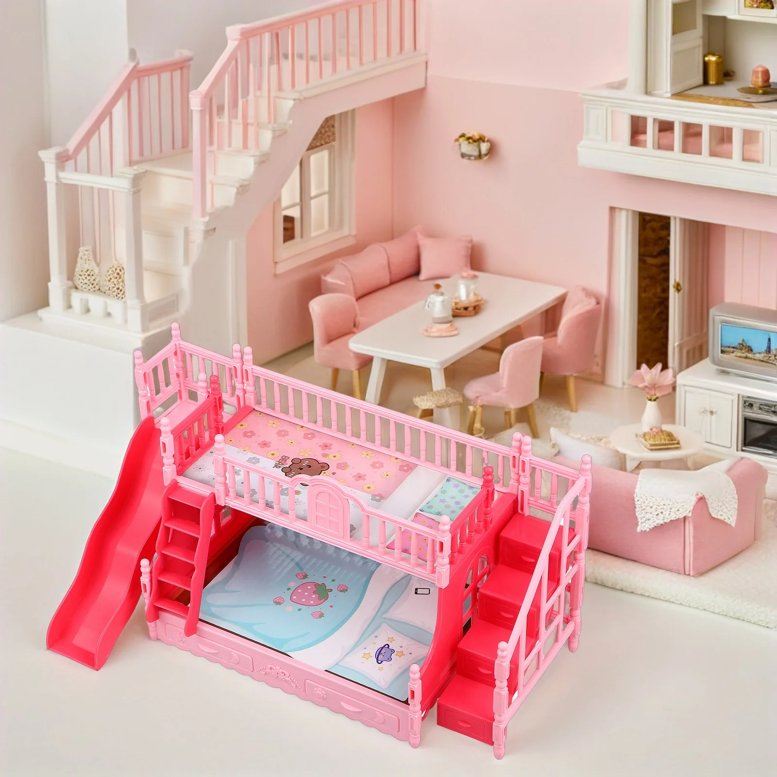 2 pçs crianças casa de bonecas móveis mini beliche para 17cm fingir jogar quarto conjunto acessórios simulação casa realista