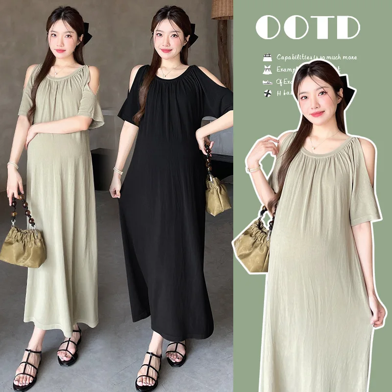 

2025 Pregnant Women's Summer Dress with High-end and Loose French Age Reducing Ice Silk Long Skirt