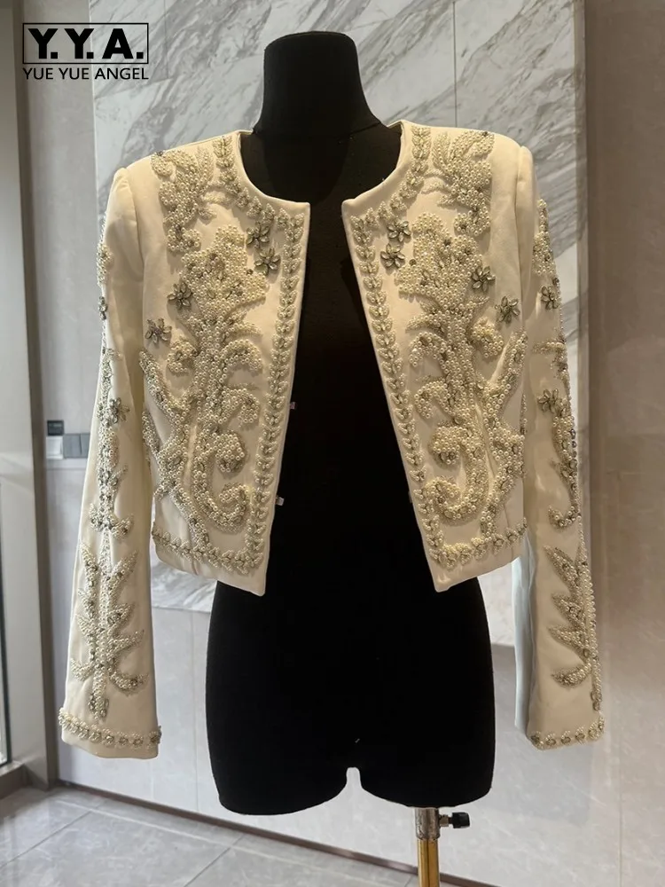 

Роскошное женское элегантное пальто с жемчугом, бисером и стразами, с круглым вырезом, приталенное, дизайнерское, винтажное, с длинными рукавами, короткое, для банкетов