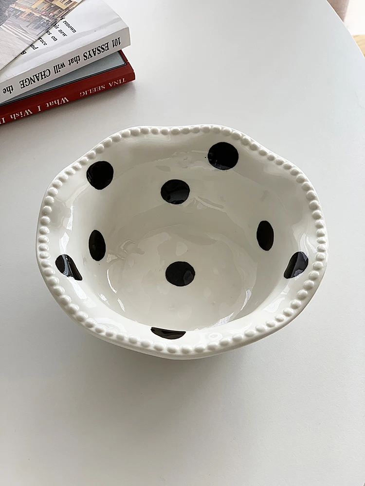 Japanese Polka Dot Tableware Set Handmade Ceramic Oatmeal Yogurt Bowl Oval Plate Spoon Fruit Salad Platter Bread Snack Tray