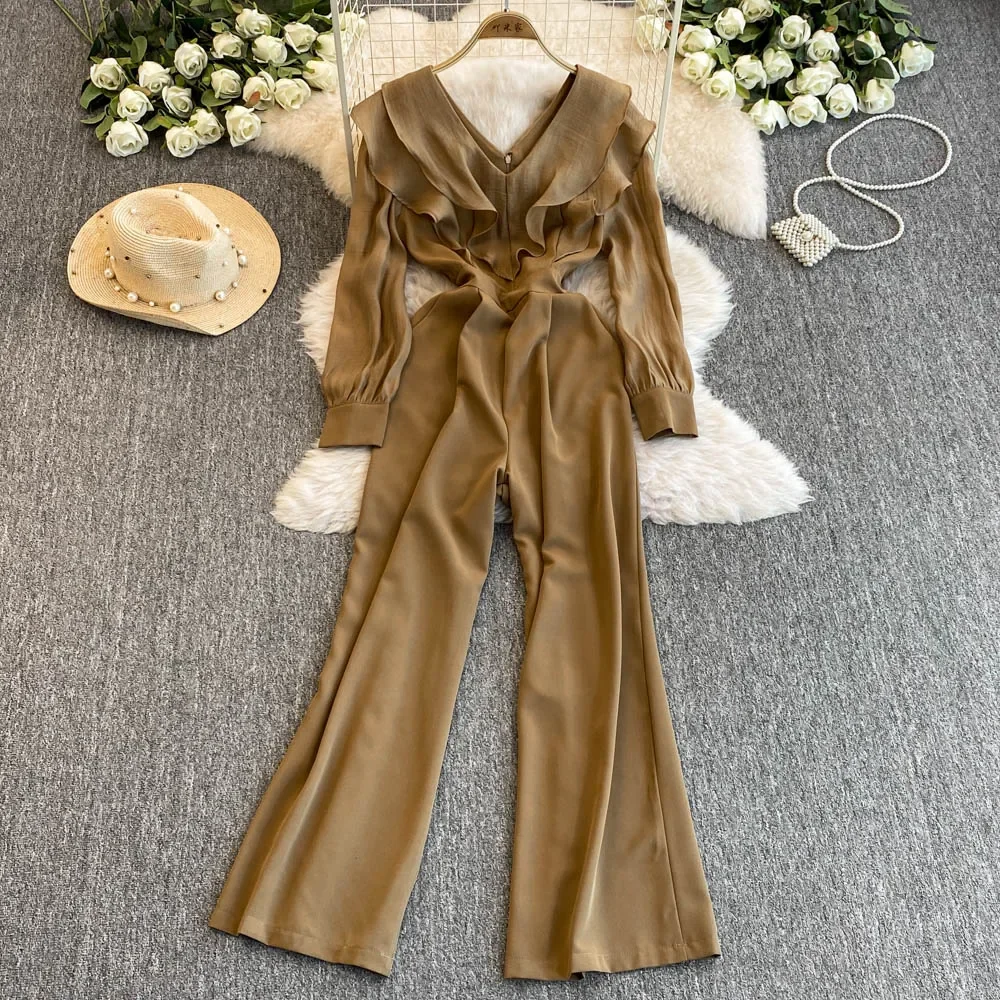 Chic V-neck Vintage Ruffles Chic Long Sleeve Top Jumpsuit High Street Streetwear Korean Wide Leg Pants Autumn Women Clothing