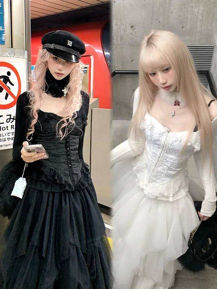 IMU Original Design Classic Gothic Lace Patch Slim Sexy Top Long Sleeve Lace-up Punk Low Breasted Shirt Spring Autumn