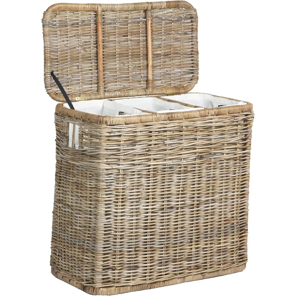 3-Compartment Wicker Laundry Sorter Hamper, 30 in L x 15 in W x 28 in H