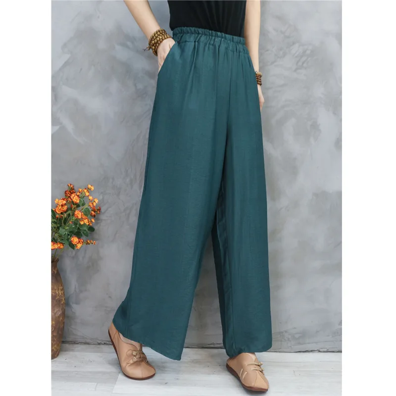 Casual Simplicity Women's Elastic Waist Wide Leg Cropped Pants All-match Fashion Solid Color Trousers Summer Female Clothing