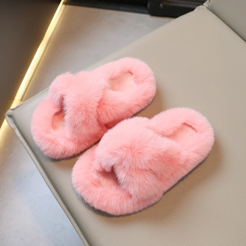 Fur Slides Slippers For Kids Furry Children Fur Slippers Cross Strap Flip Flops Baby Sandals Girls Women Family Shoes pantuflas