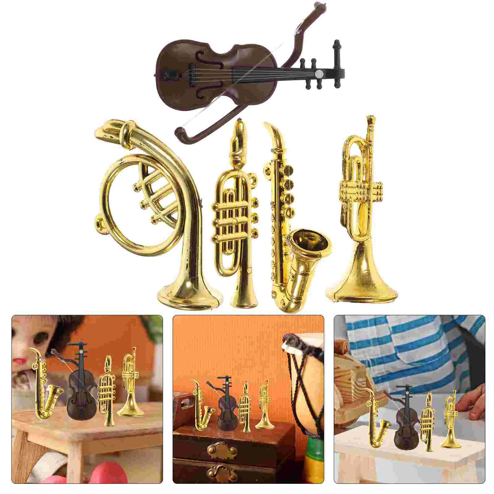 5 szt. Mini instrument muzyczny Model dekoracje do domku dla lalek miniaturowe instrumenty pokój zabawkowy mikro scena ozdoba plastikowa dla