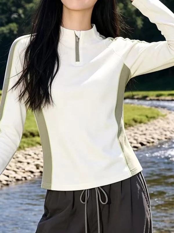 Elegant Color Block Hoodie Women's Slim Fit Long Sleeve Sporty Base Layer Top Half Zipper Design Standard Edition Ladies' Wear