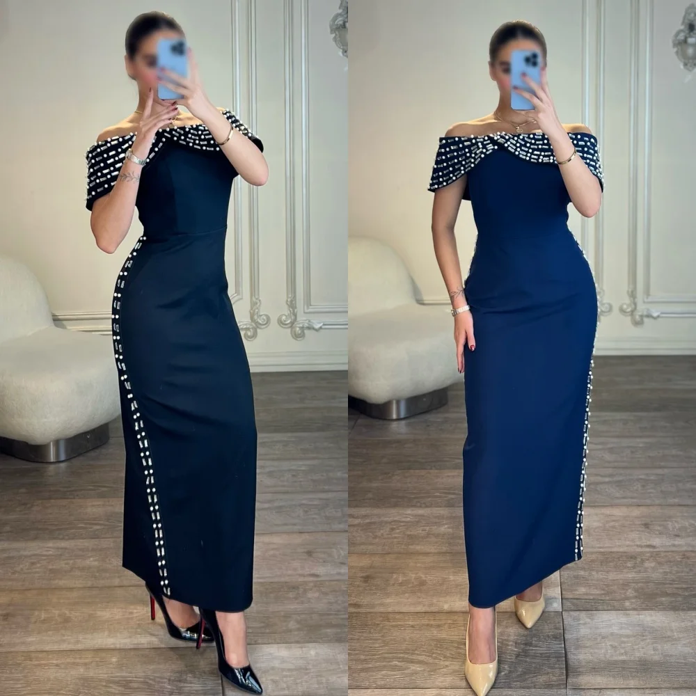 

Customized Modern Style Jersey Rhinestone Straight Off-the-shoulder Midi Dresses Bespoke Occasion Dresses Classic High Quality
