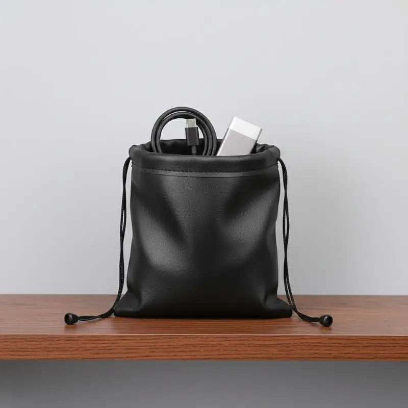 1Pcs Durable Black Dust-proof Drawstring Bag Draw String Bag Headphone Bags PU Leather Headset Bag Durable Multi Purpose Storage