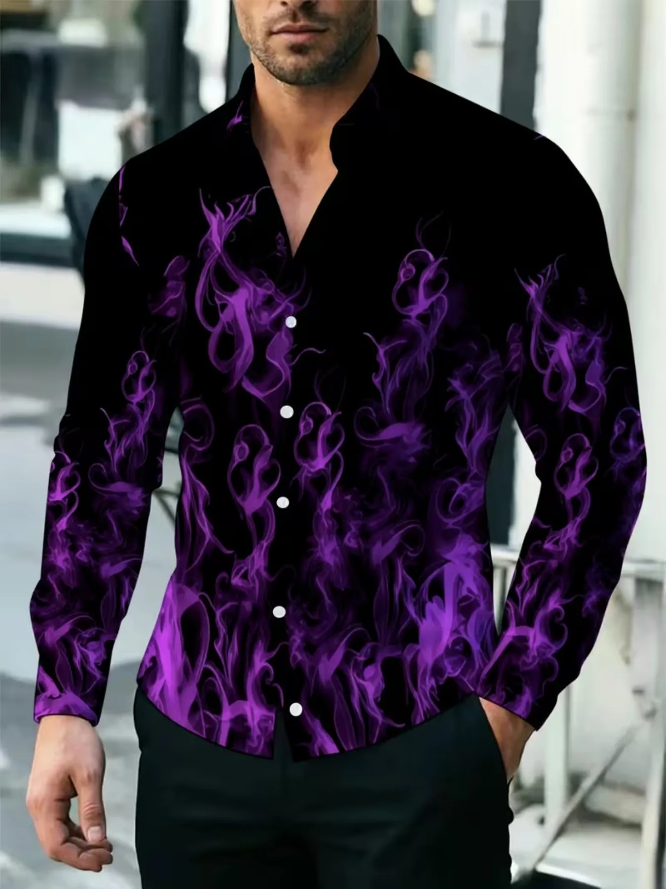Gothic Style Men Lapel Collar Shirt Black Base Swirl Purple Fire Print Polyester Long-Sleeve Blouse