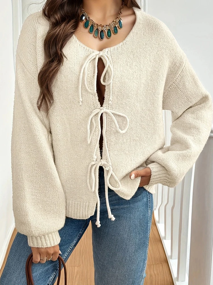 

Лидер продаж, распродажа, большие размеры, галстук-бабочка, кардиган с круглым вырезом, пуловер, топ, повседневный элегантный бежевый женский свитер с длинным рукавом большого размера