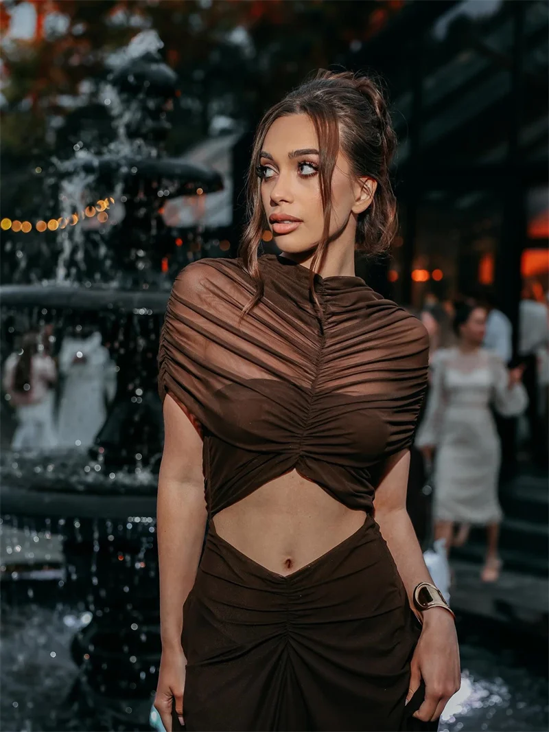 Vestido elegante Retro ahuecado de manga corta para mujer, vestido Sexy a la moda con cuello redondo y cintura alta fruncido, vestido largo ajustado para fiesta y discoteca para mujer