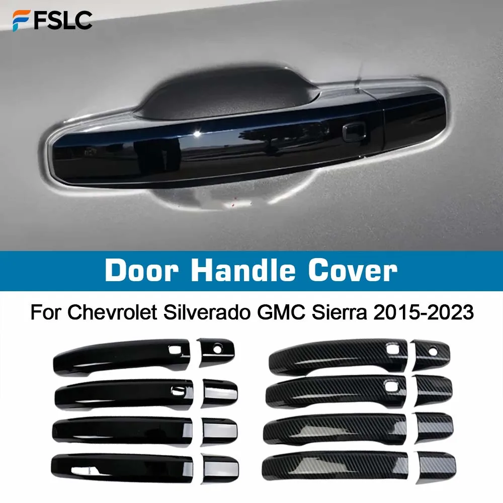 Door Handle Cover For Chevrolet Silverado GMC Sierra 2015-2023 Glossy Black Carbon Fiber Chrome Car Trim Styling Accessories