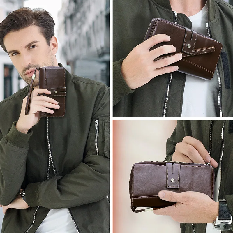 Fashionable British Style Top Layer Cowhide  Casual Genuine Leather Men's Wallet Wrist Strap And Handheld Zipper Bag Men Wallets