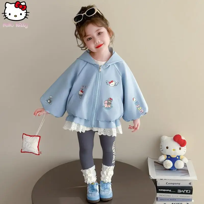 

Новая куртка с капюшоном и бантом Hello Kitty для девочек, весенне-осенняя детская модная одежда Sanrio с героями мультфильмов аниме, свитер, топы