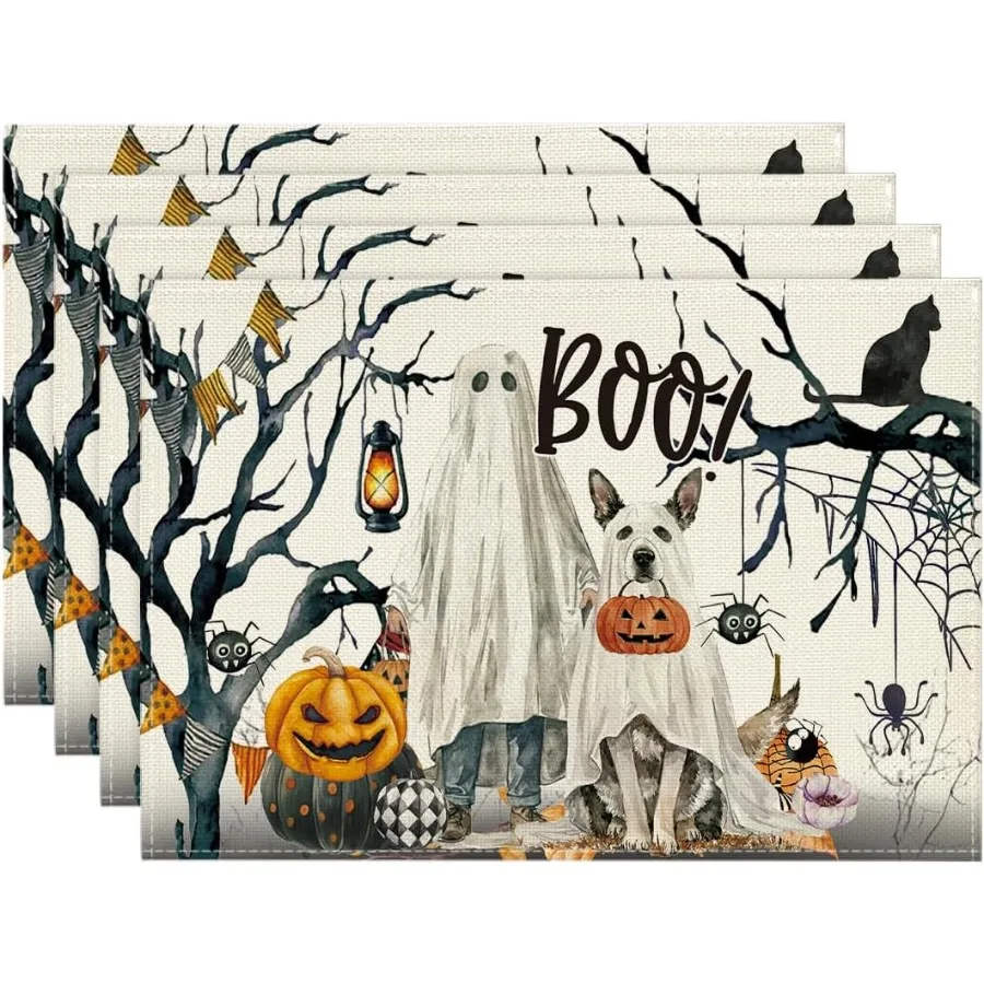 

Ghost Pumpkins Tree Dog Boo Halloween Placemats Set of 4 12x18 Ih Seasol Fall Holiday Table Mats for Party Kitchen Dining Decor