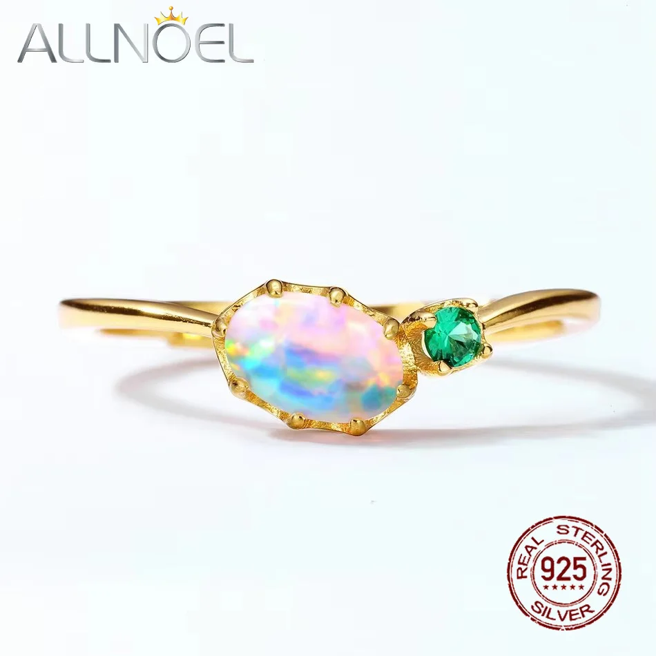 ALLNOEL 925 Sterling Sliver 6*4mm Synthetic Opal Green Zircon Romantic Adjustable Ring for Women Engagement Wedding Fine Jewelry