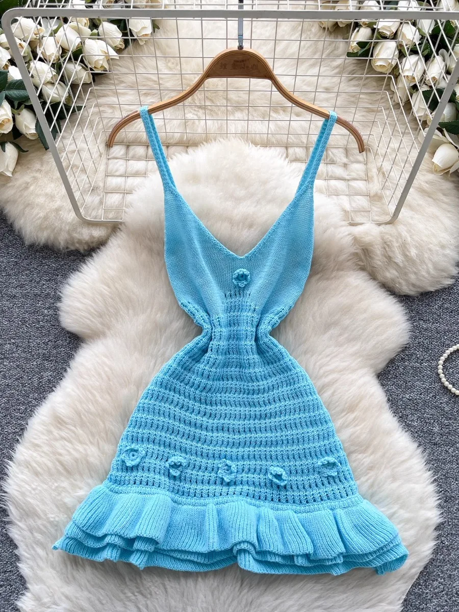Foamlina Summer Ruffle Knit Dress Women Sexy Chid Girl's Halter Bodycon 3D Floral Cinched Waist Mini A-line Dress Holiday