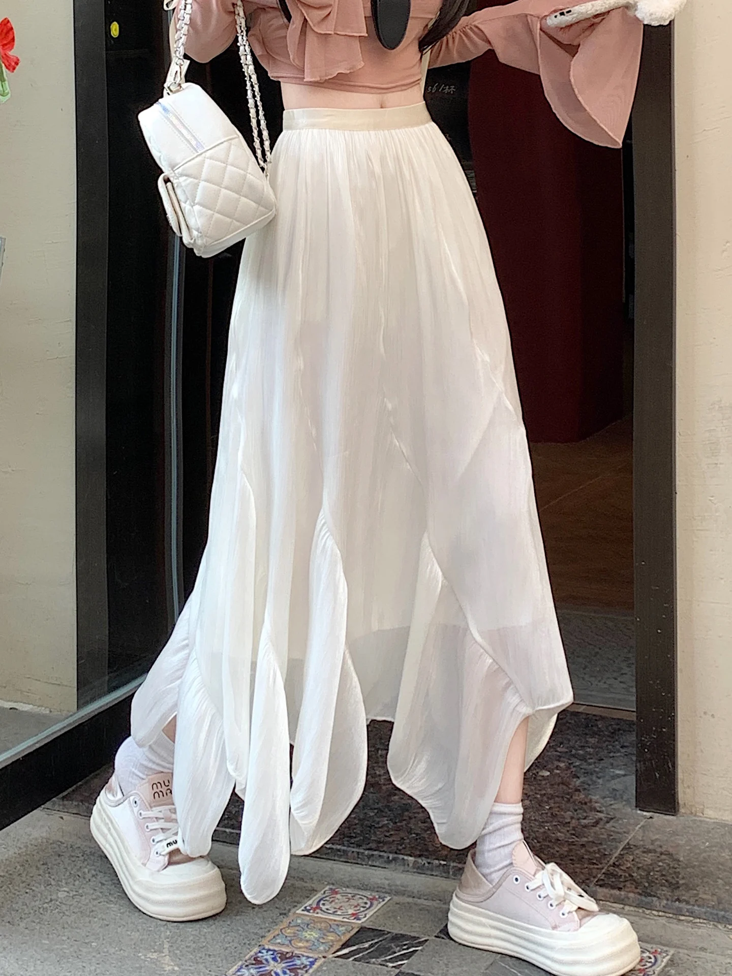 

Элегантная женская летняя полупрозрачная юбка-миди из полиэстера с асимметричным подолом, струящаяся, тонкая, в деловом стиле