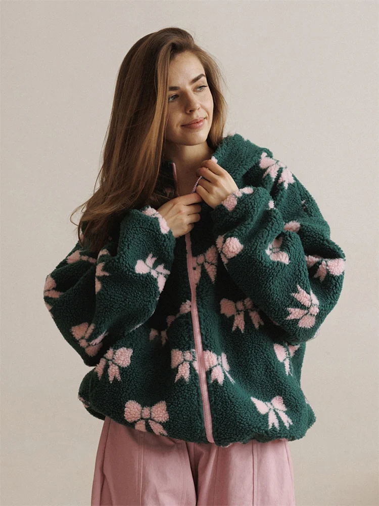 Fashion 3d Floral Fleece Jacket Open Front Cropped Pink Flower Embossed Fuzzy Coat Women Long Sleeve Fall Warm Casual Outerwear
