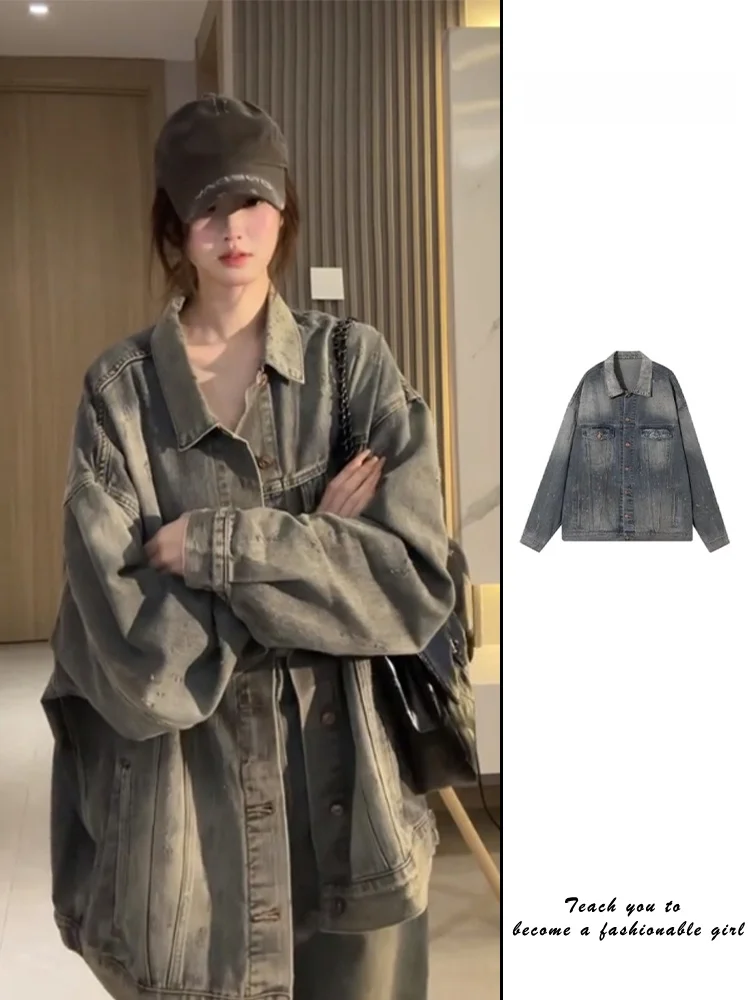 

Весенний винтажный джинсовый топ с талией, женский свободный топ большого размера, новинка 2025 или верхняя одежда, чистый цвет