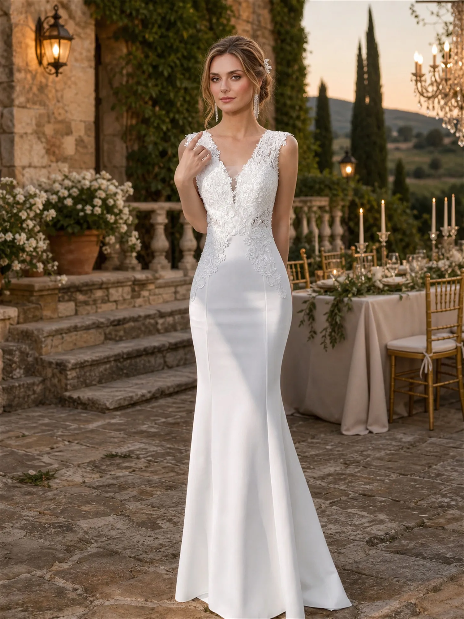 White Satin Lace Applique Mermaid Wedding Dress Sleeveless Illusion V Neck Lace Cutout Floor Length Chapel Train Bridal Party