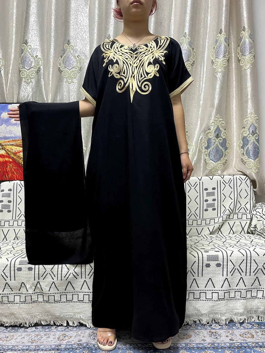 Moslim Traditionele Puur Katoenen Abaya 'S Voor Vrouwen 2023 Appliqueert Korte Mouwen Losse Pasvorm Femme Robe Afrikaanse Jurk Met Hijabs