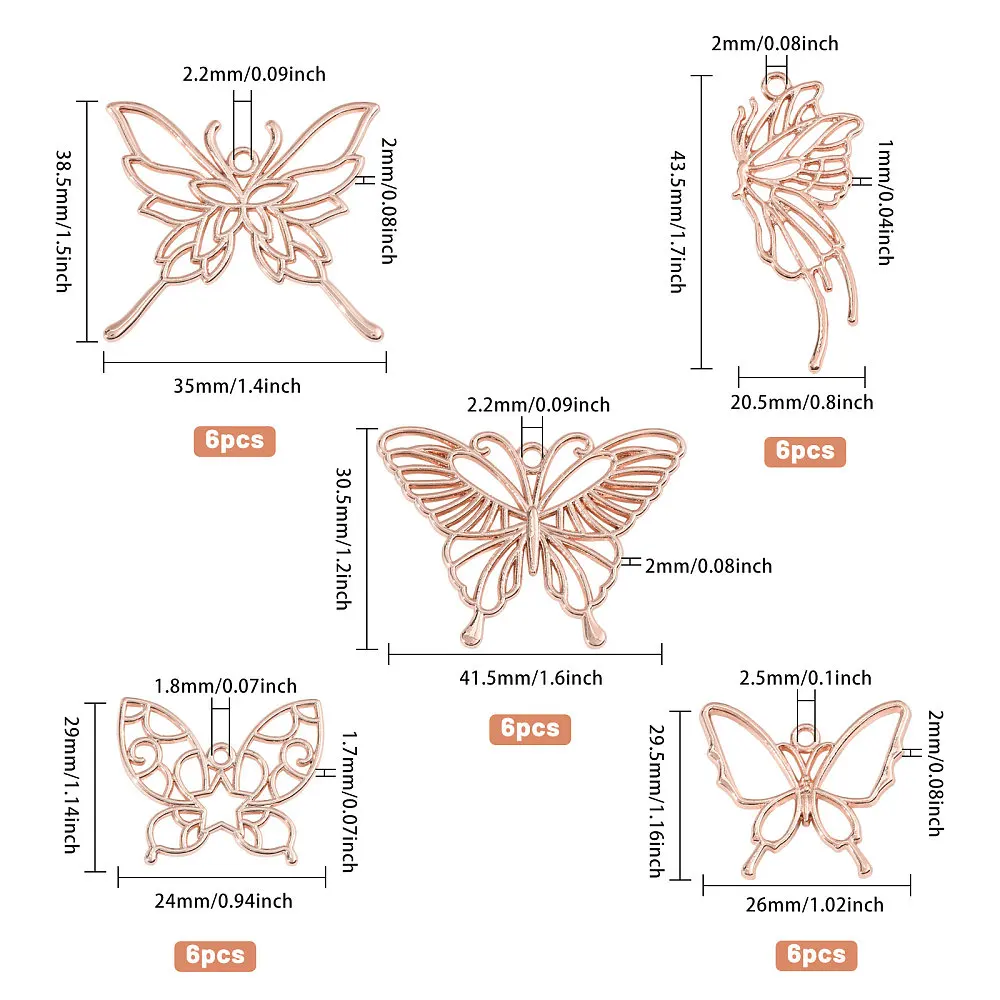 30Pcs 5 Styles Butterfly Open Back Bezel Charms Pendants Zinc Alloy Pendants Bezel Blank Trays Geometric Hollow Frame Charms