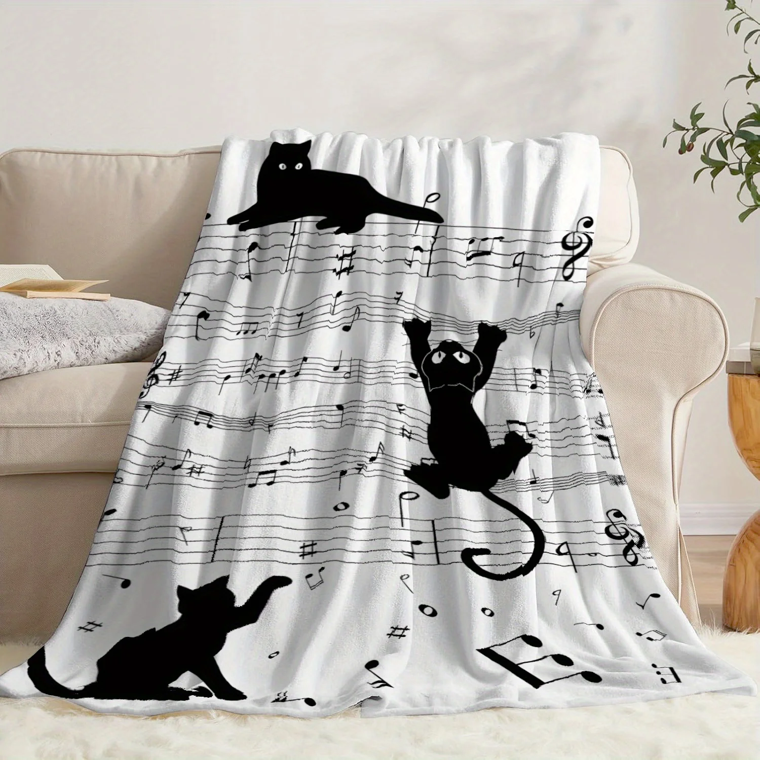 흑백 고양이 실루엣과 음표 패턴 담요, 폴리에스테르 직 - Home Textiles Notes 리뷰 및 가격