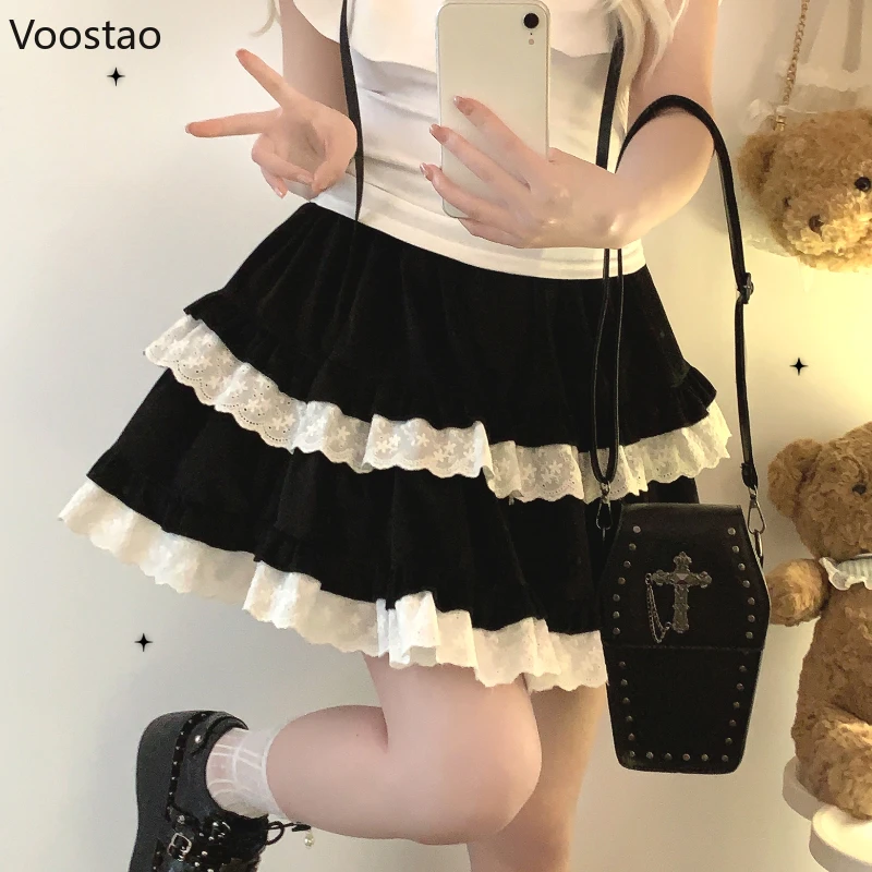 

Japanese Kawaii Lolita Velvet Skirt Women Sweet Lace Ruffles Hight Waist Cake Skirts Female Preppy Style Cute A-line Party Skirt