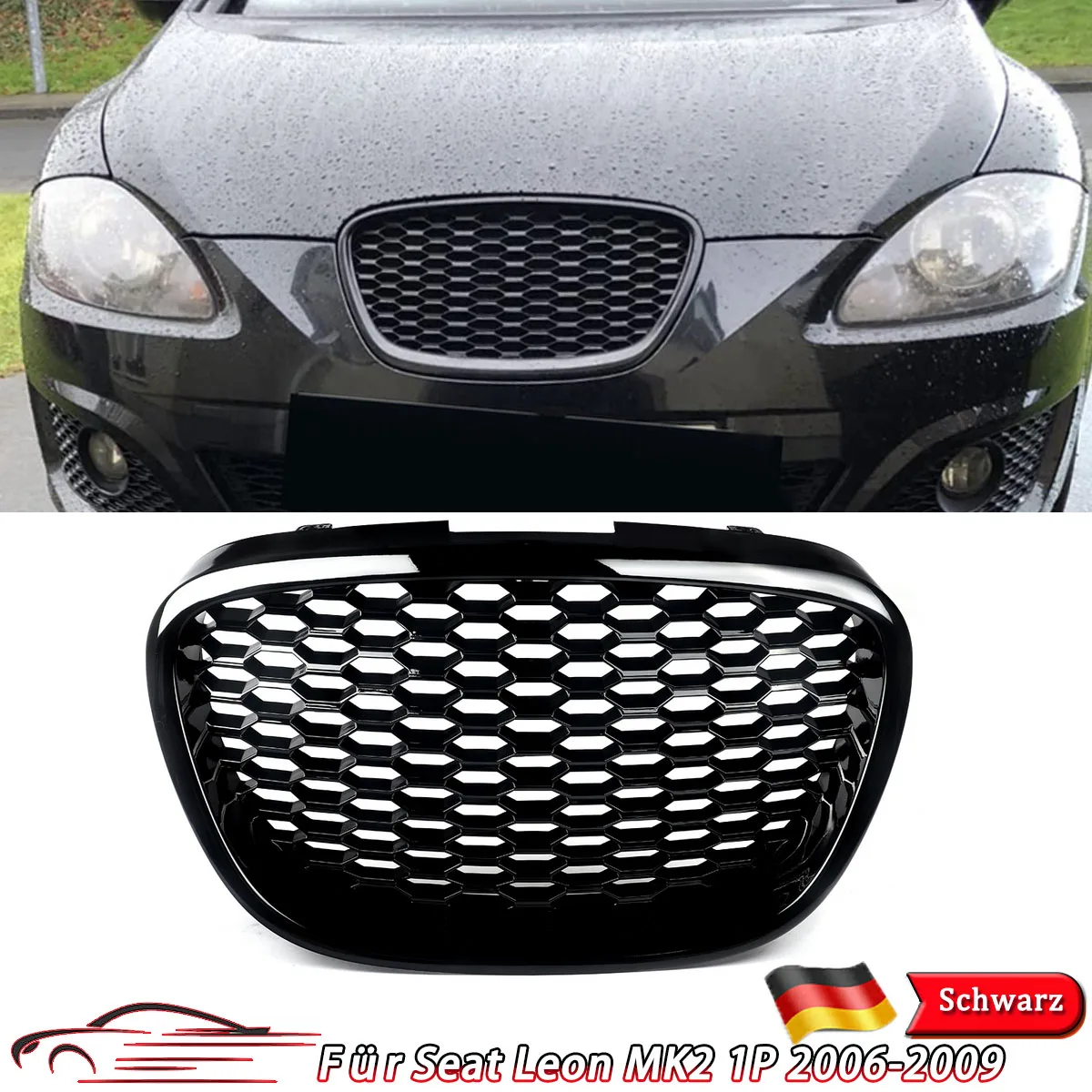 Griglia Centrale Anteriore Senza Logo Magickit Nero Lucido per Seat Leon MK2 1P1 2006-2009, Stile a Nido d'Ape, Griglia Sportiva per Cofano
