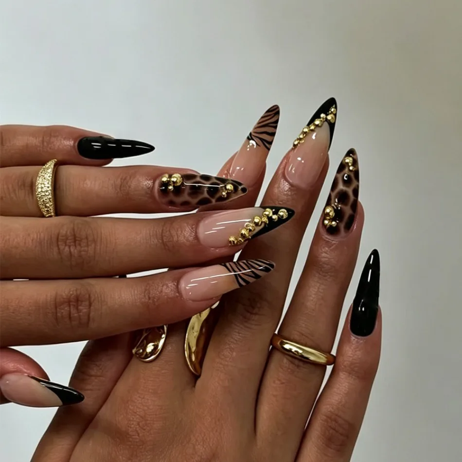 Edgy Leopard Zebra Print Press On Nails Black Nude Contrast Rhinestone‑beaded Stiletto False Nails Reusable Rock‑chic Party JT39