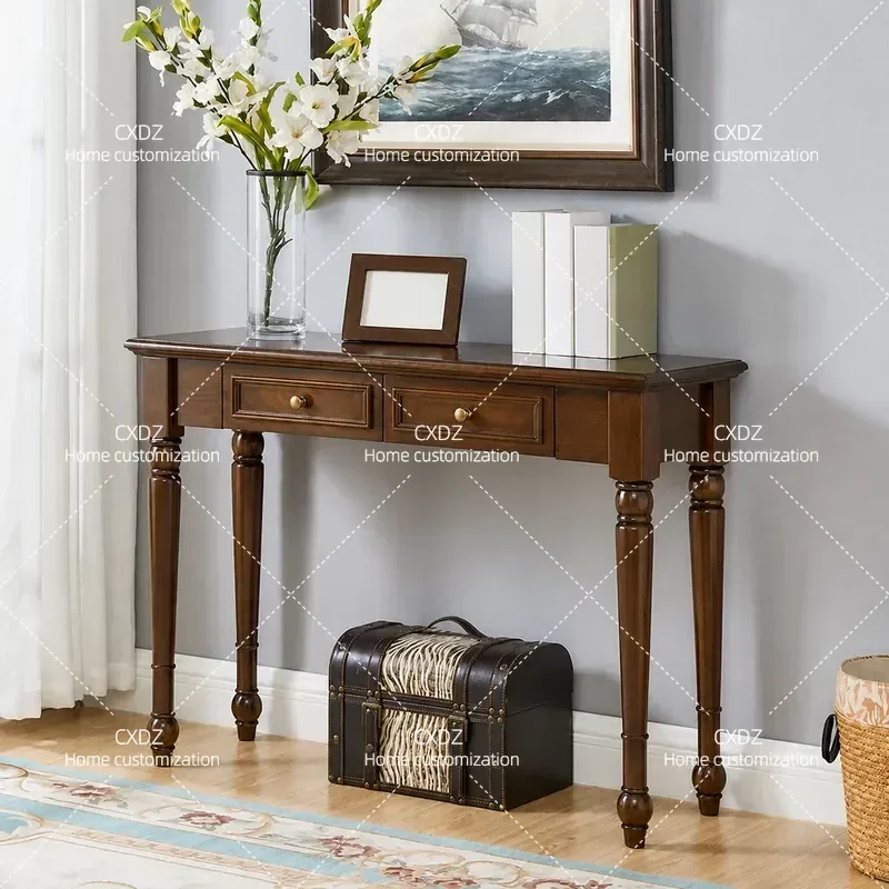 American Retro Solid Wood Porch Table Wall Mounted Storage Cabinet Living Room Partition Long Console Table Simple Entryway
