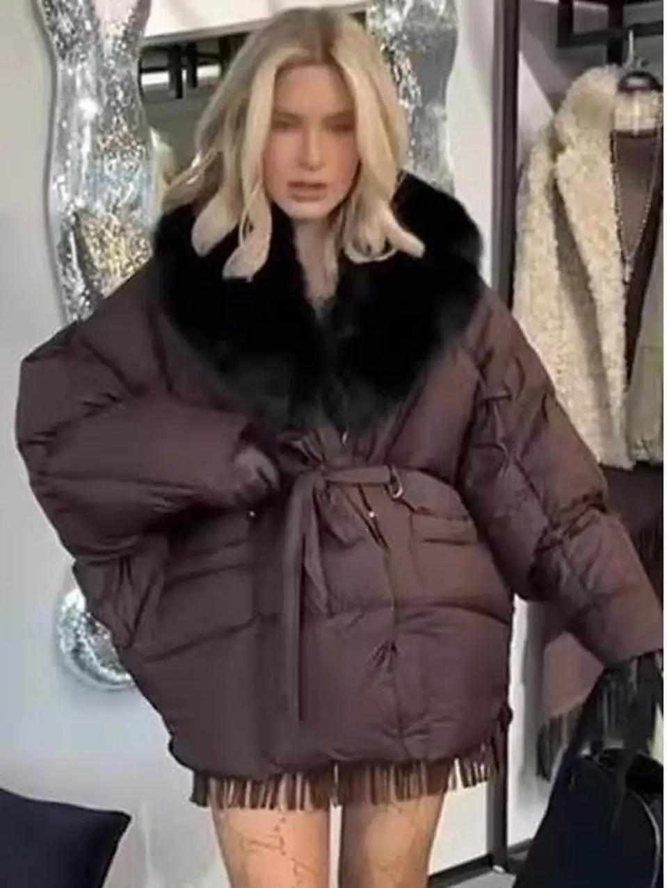 

Faionable Street Sle Cotton Jaet with Fur Collar And Belt Simple Personali Matching Outerwear for Women Winter Coat