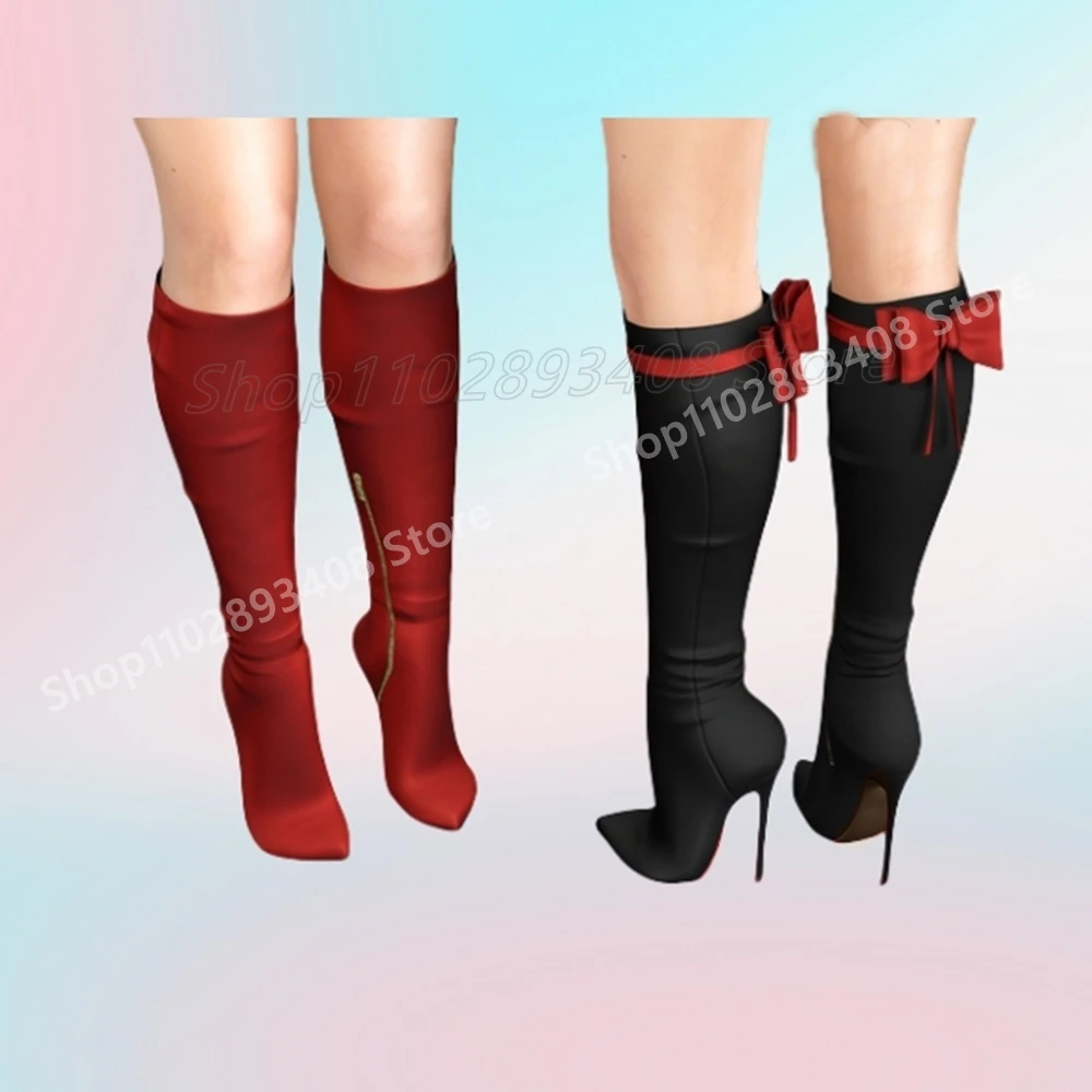 

Red Butterfly Knot Decor Mid Calf Boots Elegant Pointed Toe Stiletto High Heel Fashion Sexy Women Shoes 2025 Zapatos Para Mujere