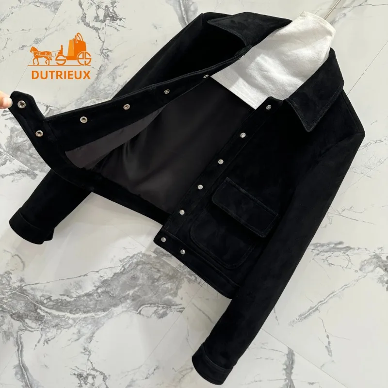 Winter Leather Jacket Lapel Double Pockets Waist Cuffs with Buttons, 100% Genuine Sheepskin Fashion Versatile Women's Coat