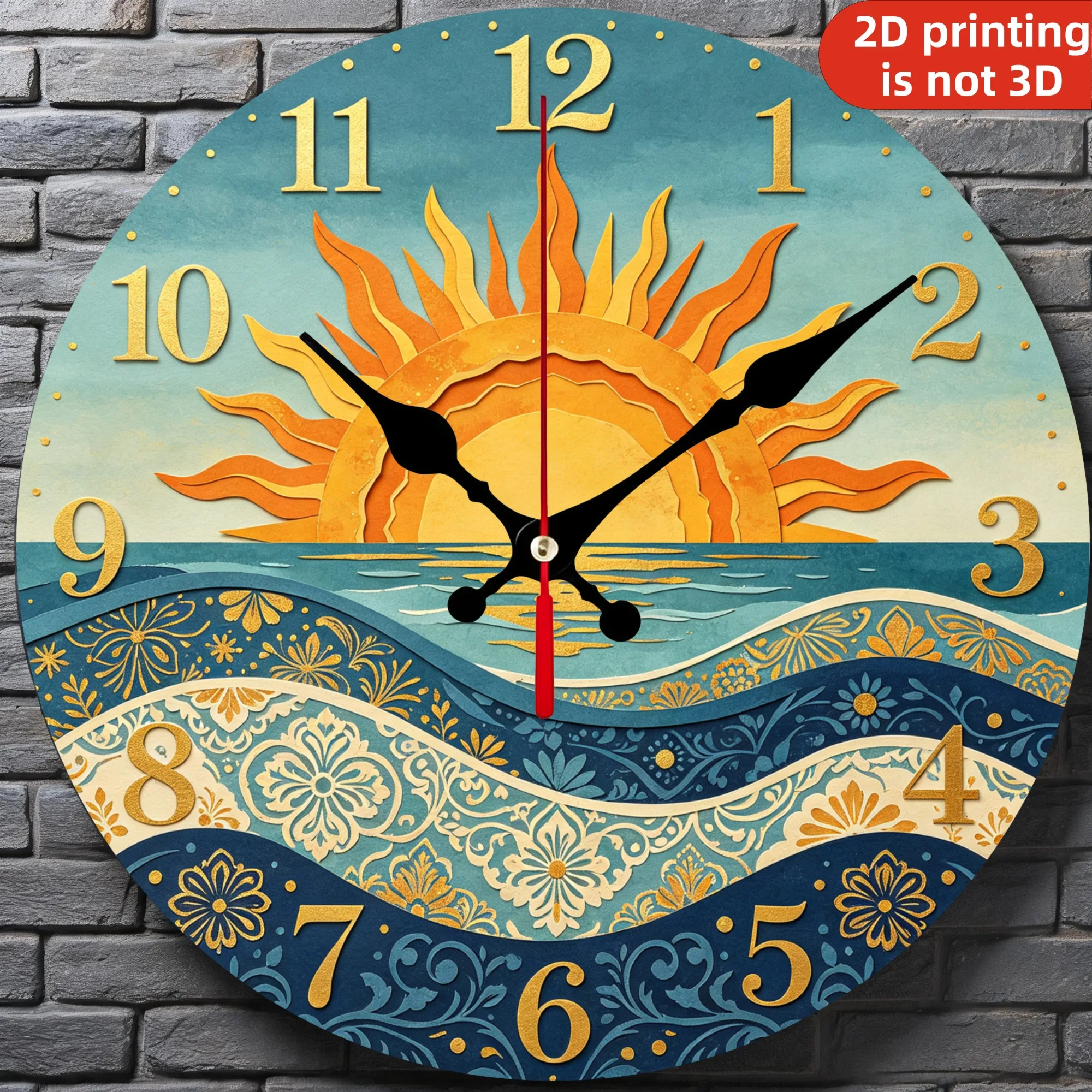 Ocean Wave Sunrise Wooden Wall Clock, 10/12 Inch Round Wood Clock, Silent Non Ticking Quartz Movement, Boho Coastal Sunburst Printed Home Decor