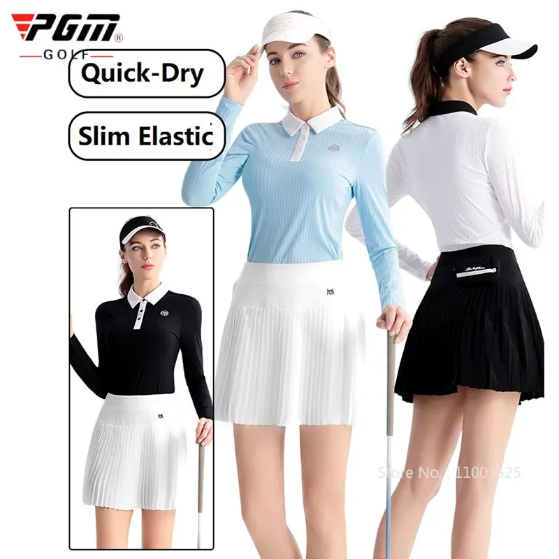 Pgm Spring Autumn Golf Women Clothing Long Sleeved Slim Shirts Polo Collar Comfortable Golf Tops Quick-Dry Leisure Sports Wear