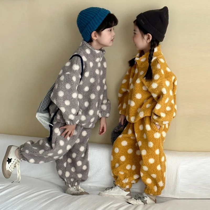 Children Lamb Wool Suit 2025 Winter Polka Dot Sweater+pants Clothes Sets for Kids Thicken Boys Girls Casual Outfits Sets 1-10T