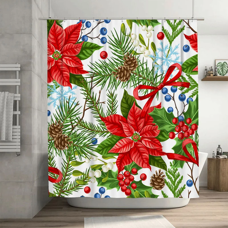

TU Рождественская занавеска для душа Праздничный праздничный декор Двусторонний ботанический принт Водонепроницаемый тканевый фон для ванной комнаты Xmas Party Supp