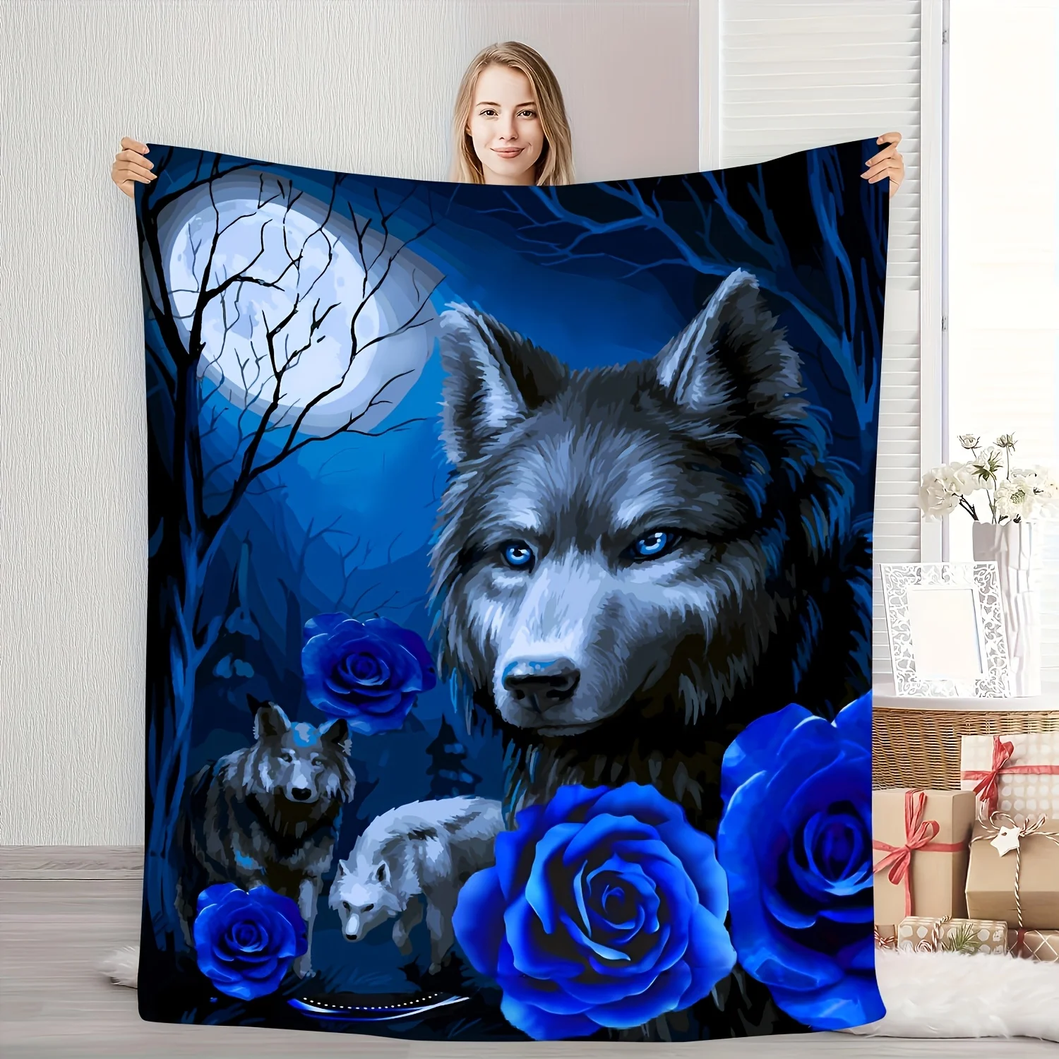 Mystic Wolf and Blue Rose Moonlight Print Throw Blanket Cozy Plush Decorative Bed Cover Boho Fantasy Aesthetic Gift for Bedroom