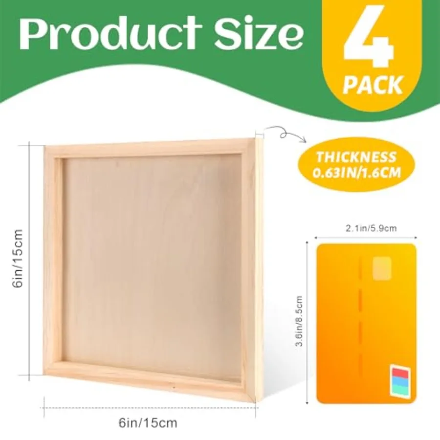 6x6 Inch Wood Panels, 4 Pack Square Craft Wood Canvas Boards, Blank Unfinished Wooden Art Board for DIY Art Creations Such as P