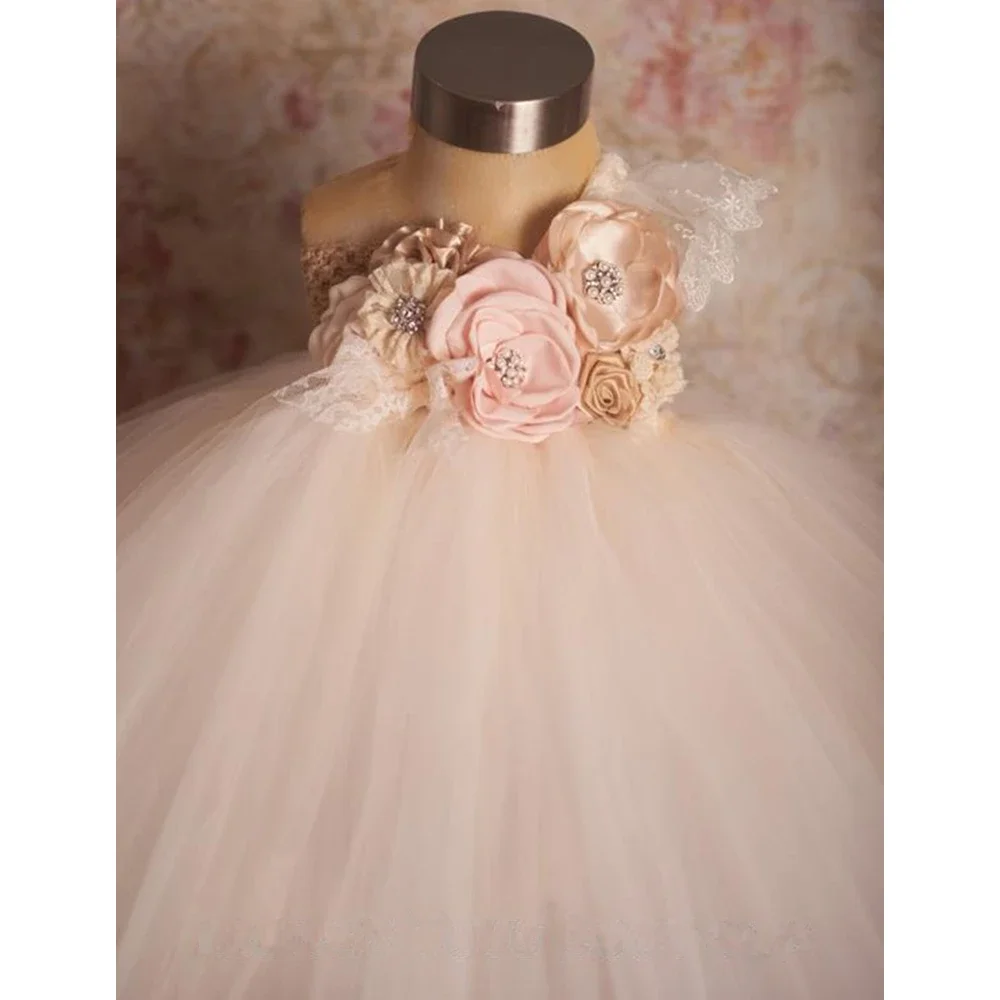 Beige, Lilac, Blush Pink Flower Girl Tutu Dress One Shoulder Lace Princess Ball Gown Dress for Girls Kids Party Wedding Dresses