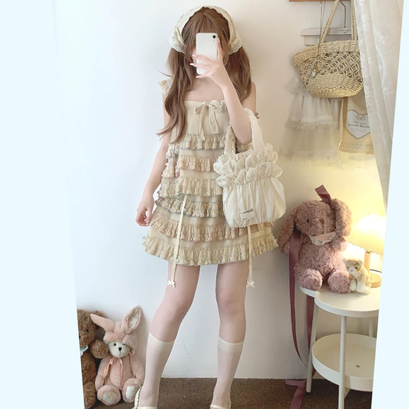 Sweet Lolita Style Skirts Sets Woman Japanese Kawaii Ruffles Bow Vest Tops Cute Mini Cake Skirts Korean Fashion Gothic Y2k Suit