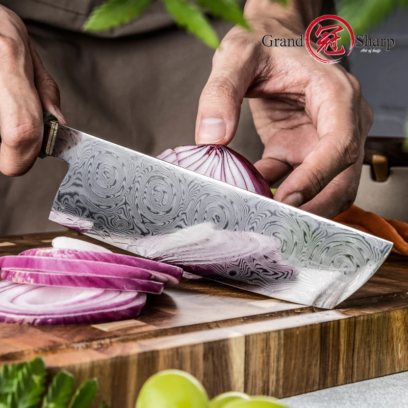 Grandsharp 7''Inches Nakiri Cleaver Meat Knife 10cr15CoMov Stainless Steel Damascus Cooking Tools Cleaver Sharp Blade Knives