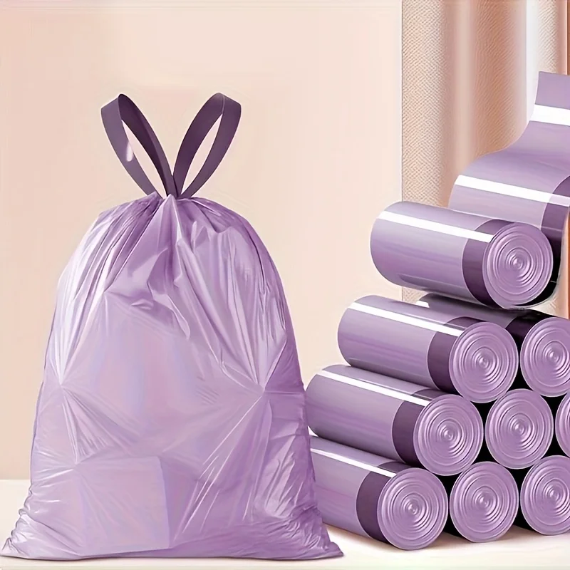 100pcs Purple Drawstring Trash Bags - Thick, Leak-Proof Disposable Plastic Bags for Kitchen, Bathroom, Bedroom, Living Room