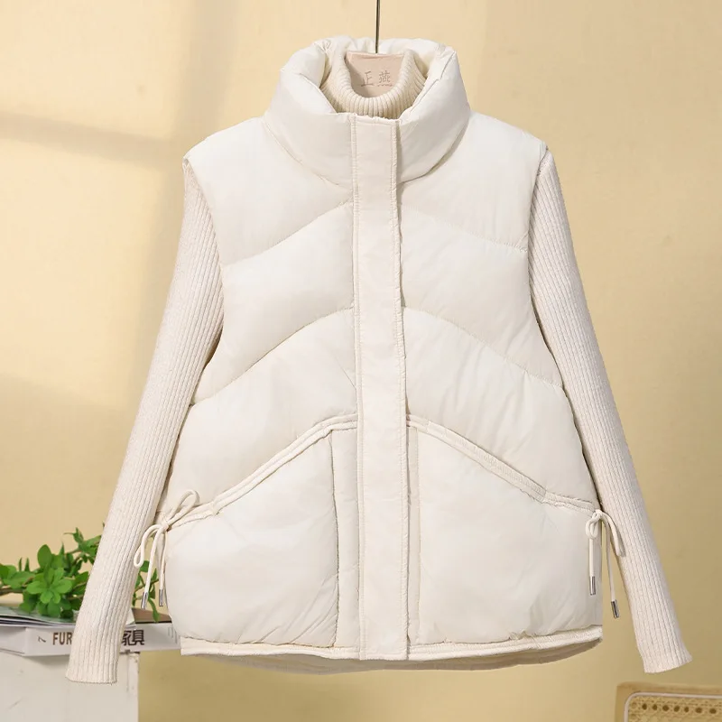 Women Solid Parkas Vest Coats Sleeveless Oversize Jacket Bow Stand Collar Zipper Pockets Loose Thick Elegant Casual 2025 Winter
